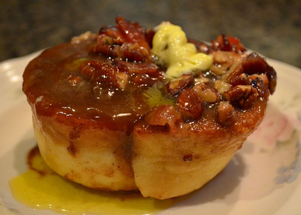 Photo of a delicious looking bourbon bacon pecan sticky bun. Yum!